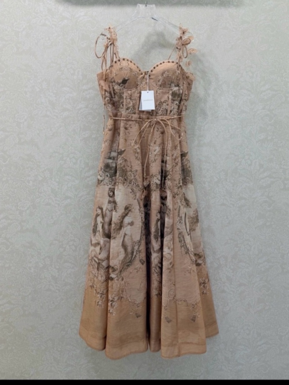 Beige Printed Midi Dress with Tie Straps